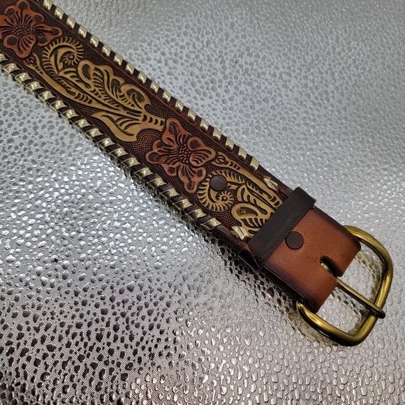 Big John mens western hand tooled saddle leather belt Sz - Picture 4 of 12